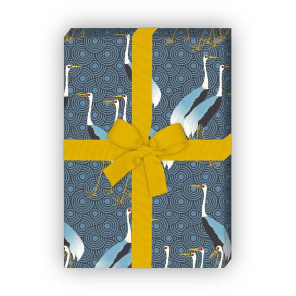 Kartenkaufrausch: Klassisches Geschenkpapier mit Kranichen aus unserer Geburtstags Papeterie in blau