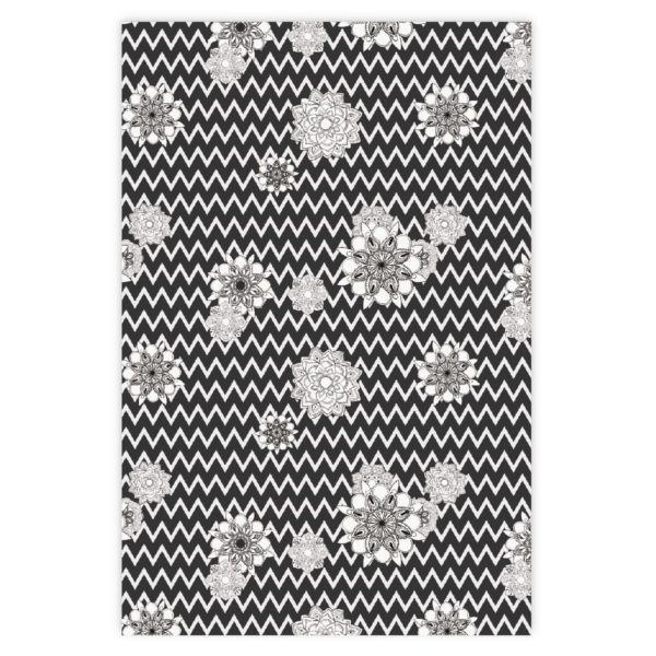 Grafisches Geschenkpapier mit Blüten auf Zickzack Motiv, schwarz|weiß