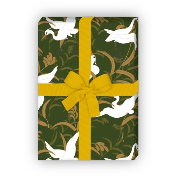 Kartenkaufrausch: Klassisches Geschenkpapier mit Kranichen aus unserer Geburtstags Papeterie in grün
