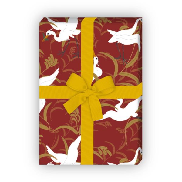 Kartenkaufrausch: Klassisches Geschenkpapier mit Kranichen aus unserer Geburtstags Papeterie in rot