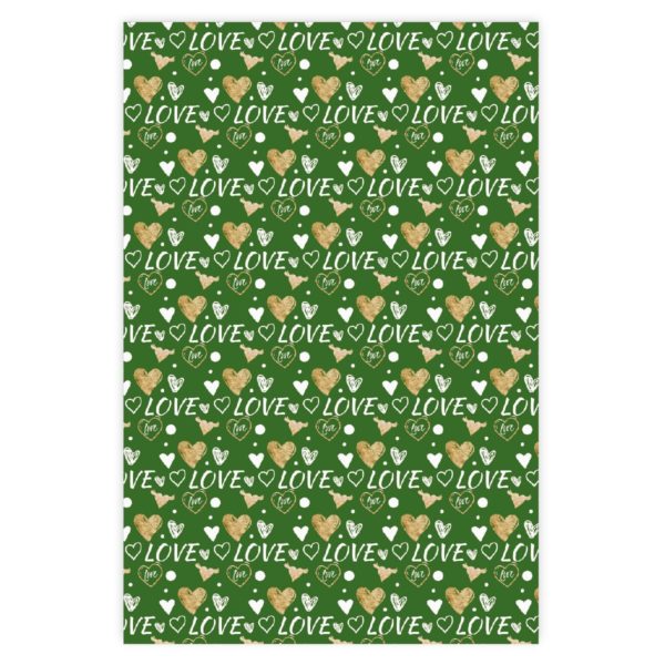 Romantisches Liebes Geschenkpapier mit Herzen, weiß, grün