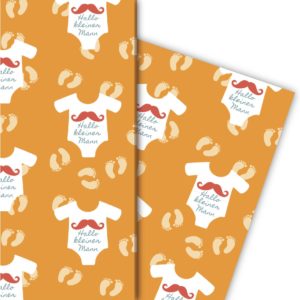 Kartenkaufrausch: Designer Baby Geschenkpapier "Hallo aus unserer Baby Papeterie in orange