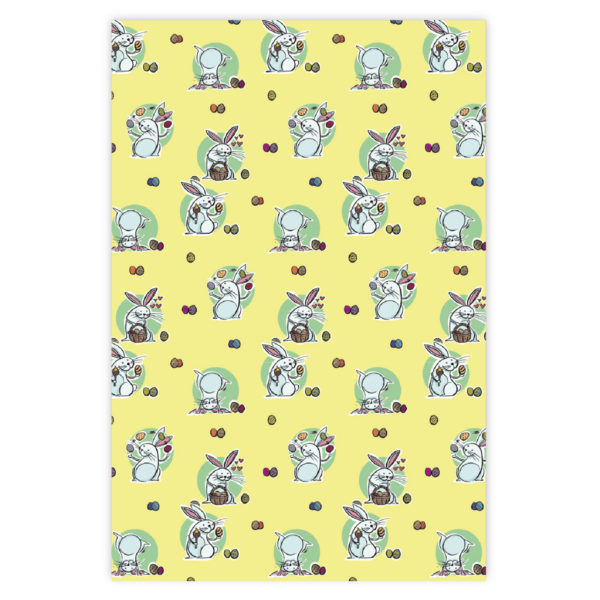 Komisches Oster Geschenkpapier mit lustigen Hasen, grün auf gelb