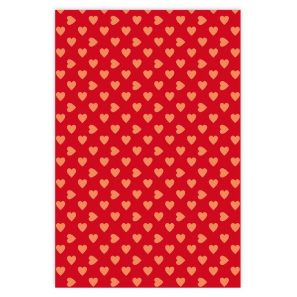 Romantisches Geschenkpapier mit großen Herzen orange auf rot