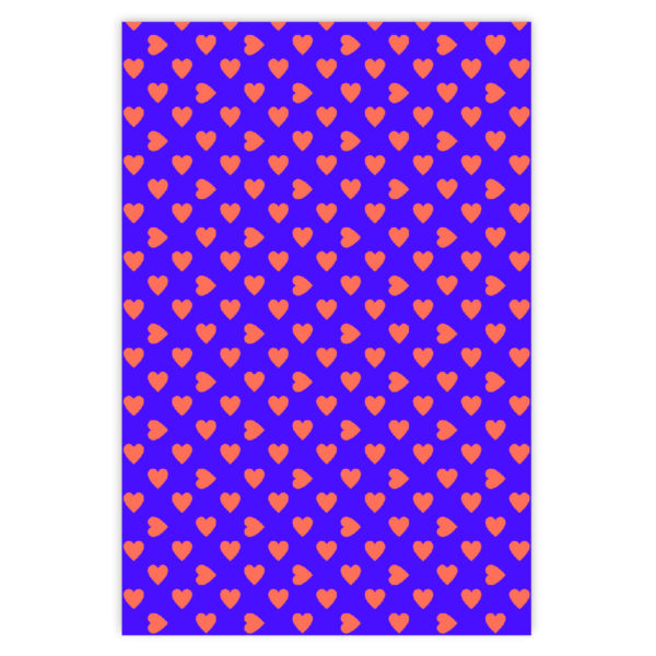 Romantisches Geschenkpapier mit großen Herzen orange auf lila
