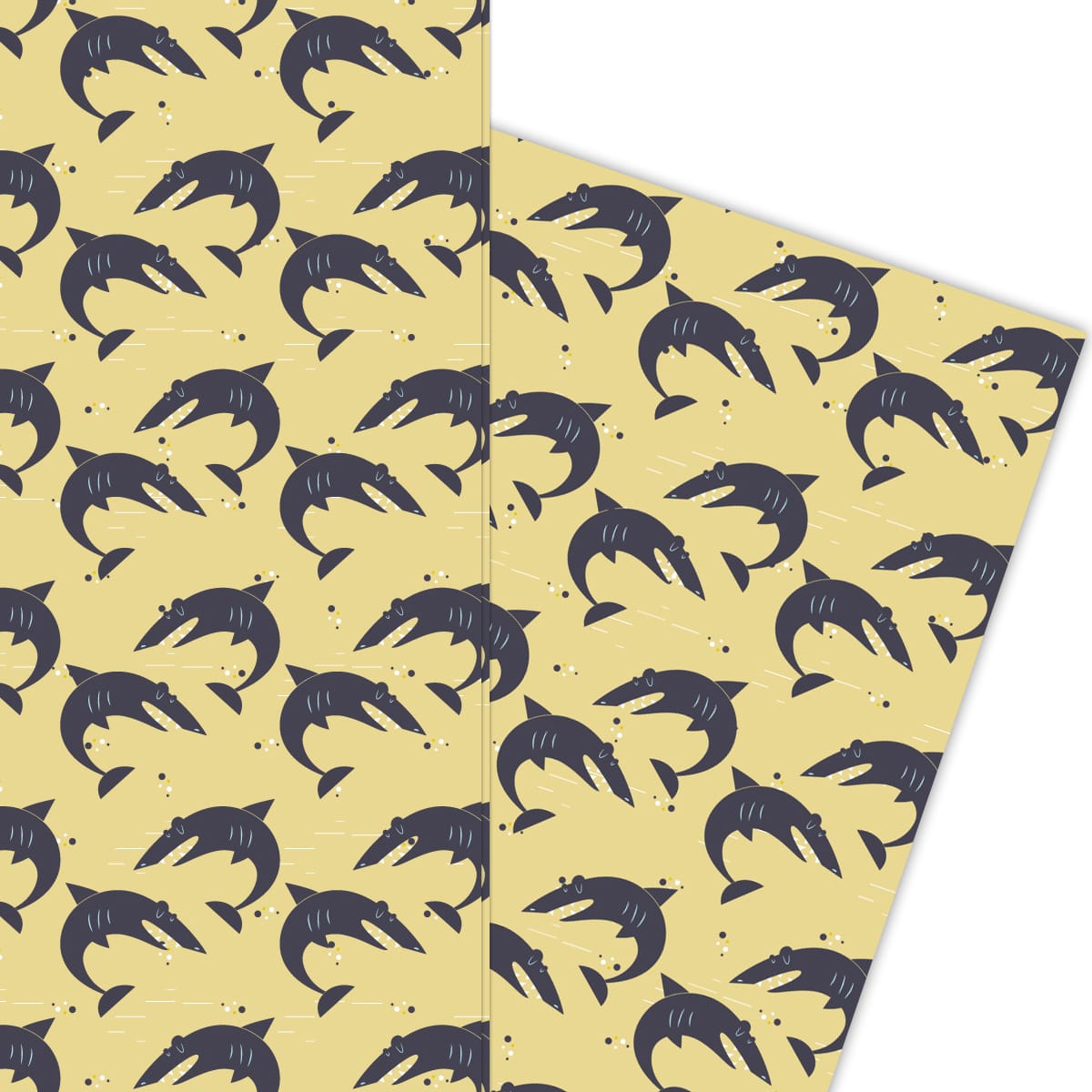 Cooles Retro Geschenkpapier mit Haifischen gelb beige