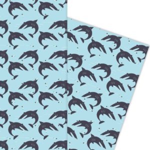 Cooles Retro Geschenkpapier mit Haifischen hellblau