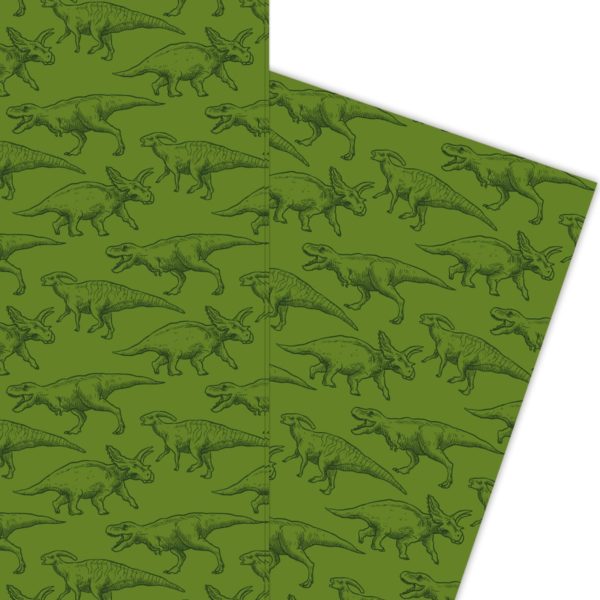Klassisches Dinosaurier Geschenkpapier für die Forscher von morgen und auf grün
