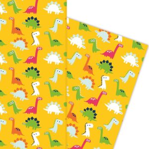 Lustiges Comic Dinosaurier Kinder Geschenkpapier auf gelb