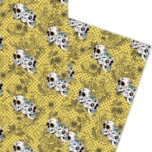 Florales Totenkopf Geschenkpapier mit bunten mexikanischen Totenköpfen schwarz auf gelb