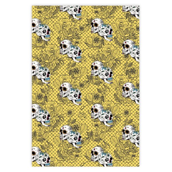 Florales Totenkopf Geschenkpapier mit bunten mexikanischen Totenköpfen schwarz auf gelb