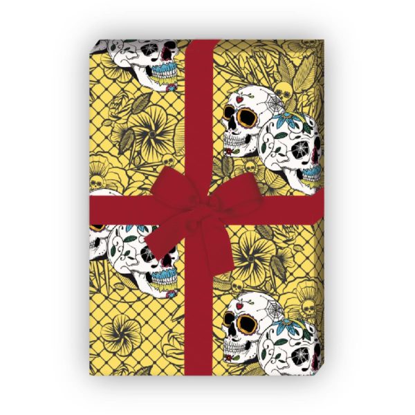Kartenkaufrausch: Florales Totenkopf Geschenkpapier mit aus unserer Halloween Papeterie in gelb