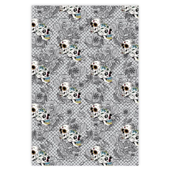 Florales Totenkopf Geschenkpapier mit bunten mexikanischen Totenköpfen schwarz auf grau