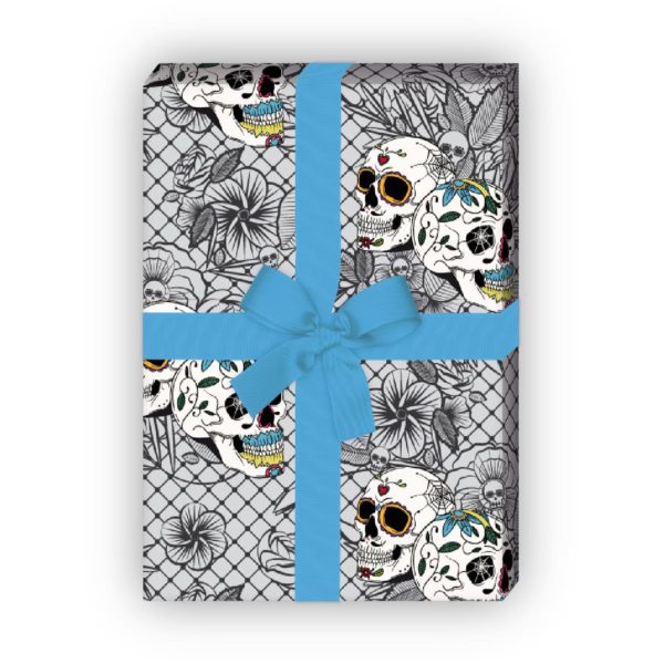 Kartenkaufrausch: Florales Totenkopf Geschenkpapier mit aus unserer Halloween Papeterie in grau