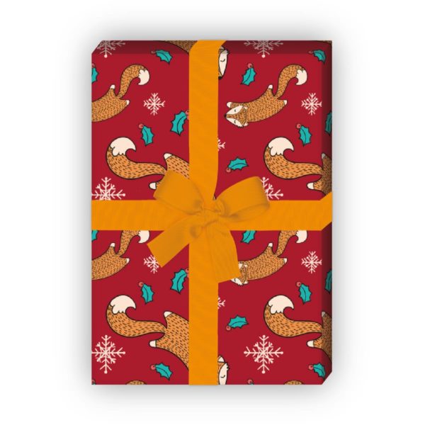 Geschenkverpackung Weihnachten: Niedliches Weihnachts Geschenkpapier mit Fuchs (4 Bögen) auf rot jetzt online kaufen