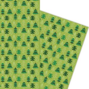 Lustiges Weihnachtsbaum Geschenkpapier mit Weihnachtskugeln auf grün