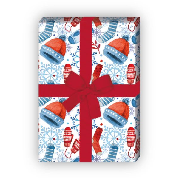 Geschenkverpackung Weihnachten: Winterliches Weihnachts Geschenkpapier mit Mützen, Handschuhen und Schneeflocken (4 Bögen) jetzt online kaufen