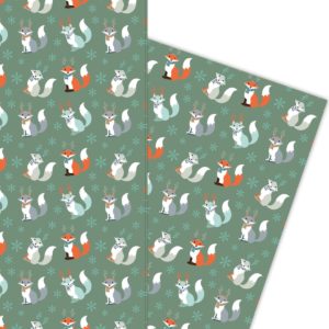 Süßes Winter Geschenkpapier mit Weihnachts Fuchs auf grüngrau