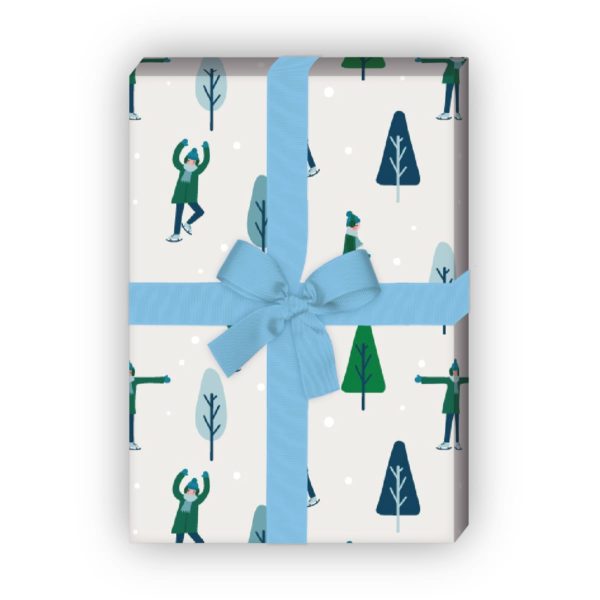 Weihnachtsgeschenke verpacken mit: Süßes Winter Weihnachts Geschenkpapier mit Schlittschuhläufern (4 Bögen) grün jetzt online kaufen