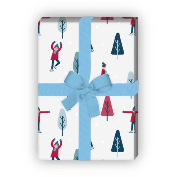 zum Weihnachtsgeschenk einpacken: Süßes Winter Weihnachts Geschenkpapier mit Schlittschuhläufern (4 Bögen) rot jetzt online kaufen