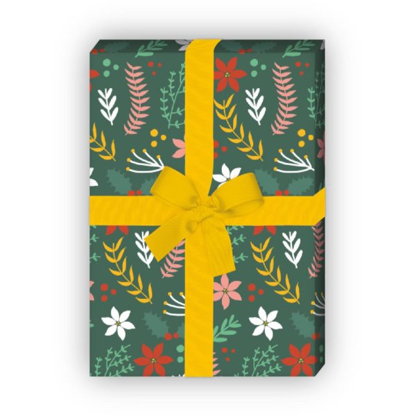 Geschenkverpackung Weihnachten: florales Weihnachts Geschenkpapier (4 Bögen) auf grün jetzt online kaufen