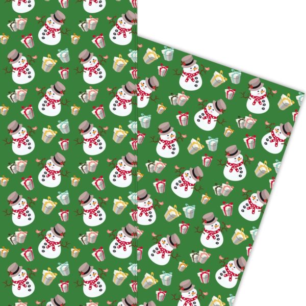 Lustiges Weihnachts Geschenkpapier mit Schneemännern und Geschenken auf grün