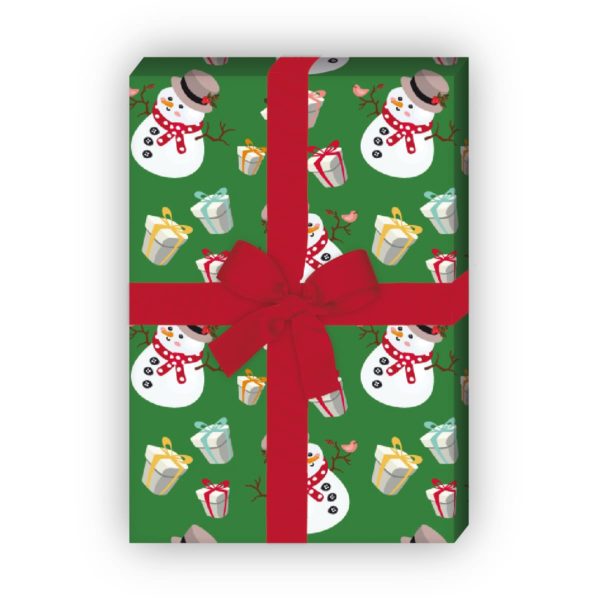 zum Weihnachtsgeschenk einpacken: Lustiges Weihnachts Geschenkpapier mit Schneemännern und Geschenken für tolle Geschenk Verpackung und ‹berraschungen, auf grün jetzt online kaufen
