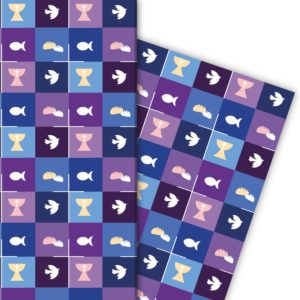 Kartenkaufrausch: Schönes Geschenkpapier mit christlichen aus unserer Firmungs Papeterie in blau