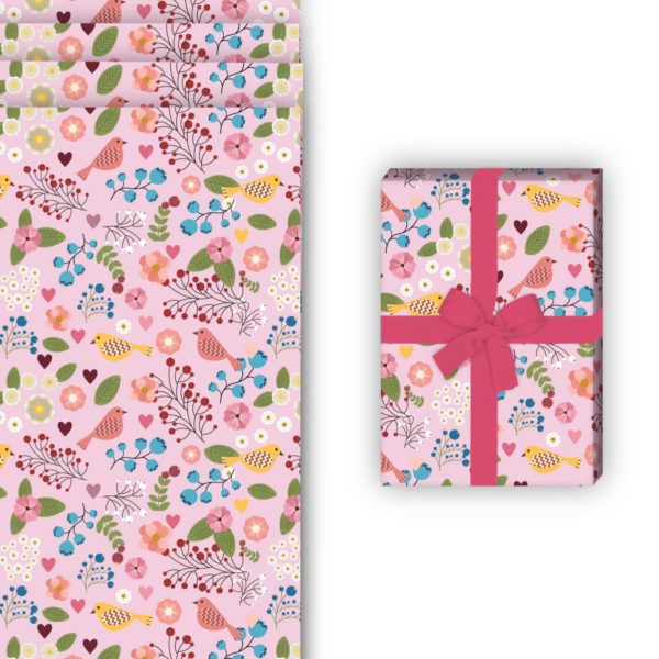 florale Geschenkverpackung: Leichtes Geschenkpapier mit Vögelchen von Kartenkaufrausch in rosa
