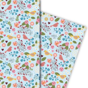 Kartenkaufrausch: Leichtes Geschenkpapier mit Vögelchen aus unserer florale Papeterie in hellblau