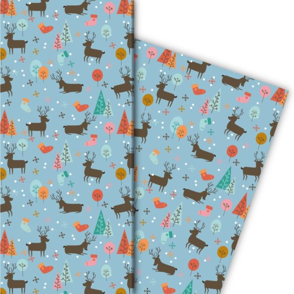 Kartenkaufrausch: Niedliches Geschenkpapier mit Hirschen aus unserer Weihnachts Papeterie in hellblau
