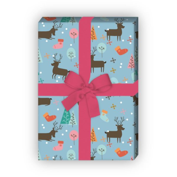 Kartenkaufrausch: Niedliches Geschenkpapier mit Hirschen aus unserer Weihnachts Papeterie in hellblau