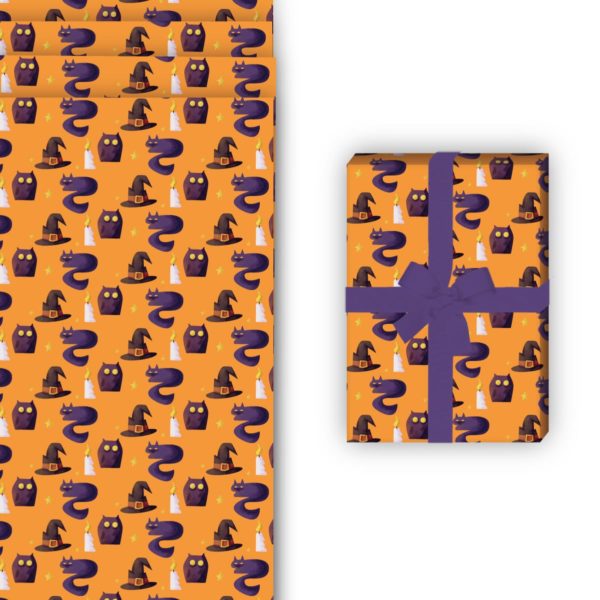 Halloween Geschenkverpackung: Halloween Geschenkpapier mit Eulen von Kartenkaufrausch in orange