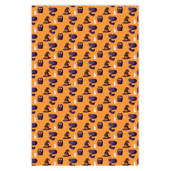 Halloween Geschenkpapier mit Eulen und Katzen in orange
