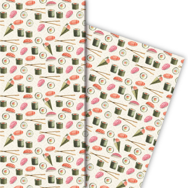 Kartenkaufrausch: Leckeres Geschenkpapier mit Sushi aus unserer Designer Papeterie in grün