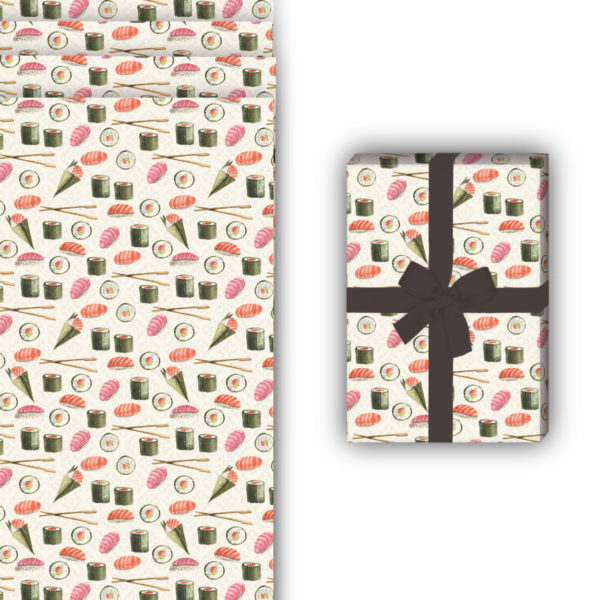 Designer Geschenkverpackung: Leckeres Geschenkpapier mit Sushi von Kartenkaufrausch in grün