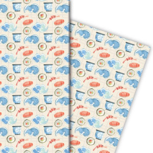 Kartenkaufrausch: Leckeres Geschenkpapier mit Sushi aus unserer Designer Papeterie in blau