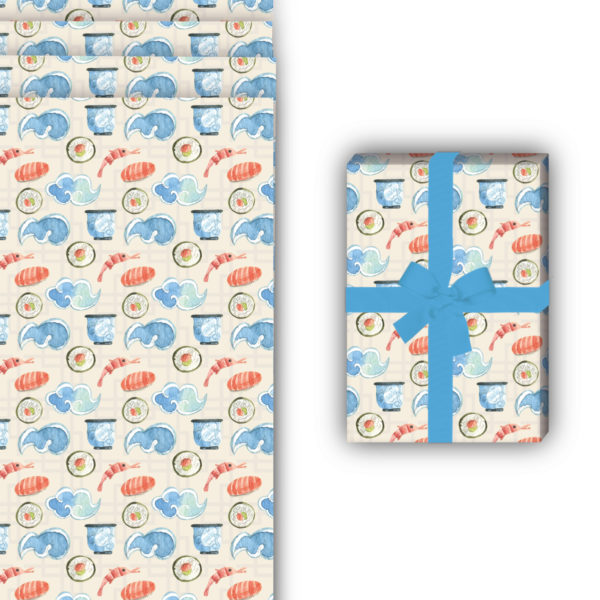 Designer Geschenkverpackung: Leckeres Geschenkpapier mit Sushi von Kartenkaufrausch in blau