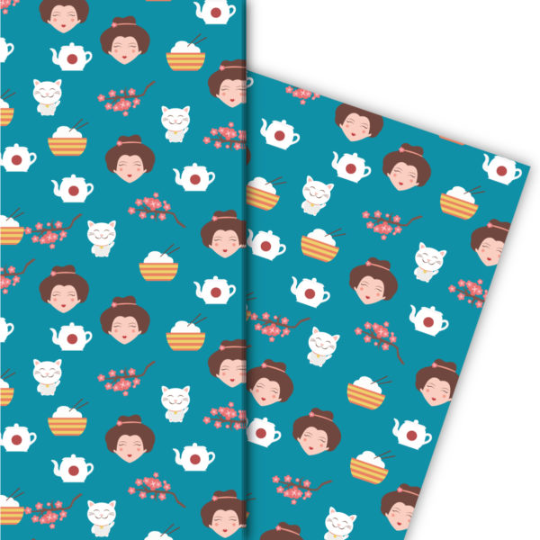 Kartenkaufrausch: Fröhliches Geschenkpapier mit japanischen aus unserer Geburtstags Papeterie in blau