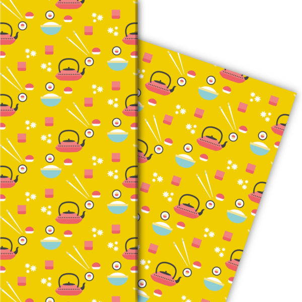 Kartenkaufrausch: Japanisches Geschenkpapier mit Sushi aus unserer Designer Papeterie in gelb