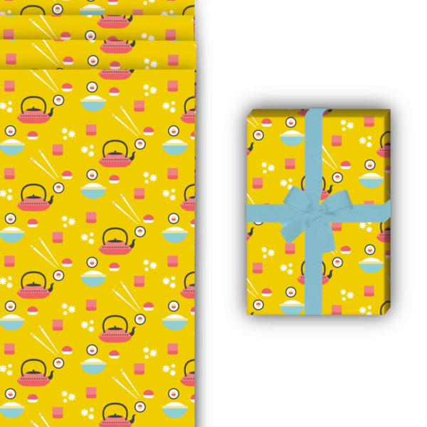 Designer Geschenkverpackung: Japanisches Geschenkpapier mit Sushi von Kartenkaufrausch in gelb