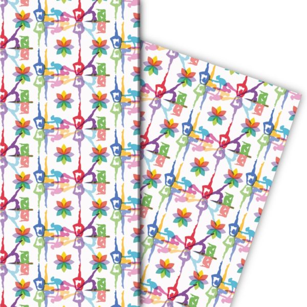 Buntes Yoga Geschenkpapier mit Yoga Figuren und Blüten auf weiß