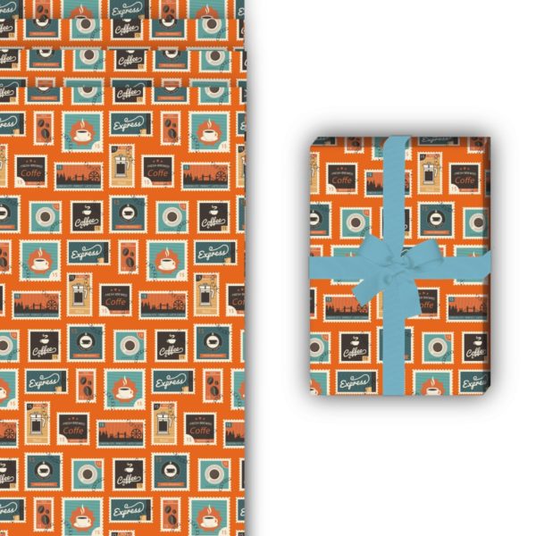 Designer Geschenkverpackung: Retro Briefmarken Geschenkpapier in von Kartenkaufrausch in orange