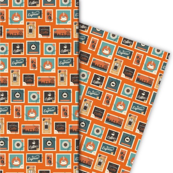 Kartenkaufrausch: Retro Briefmarken Geschenkpapier in aus unserer Designer Papeterie in orange