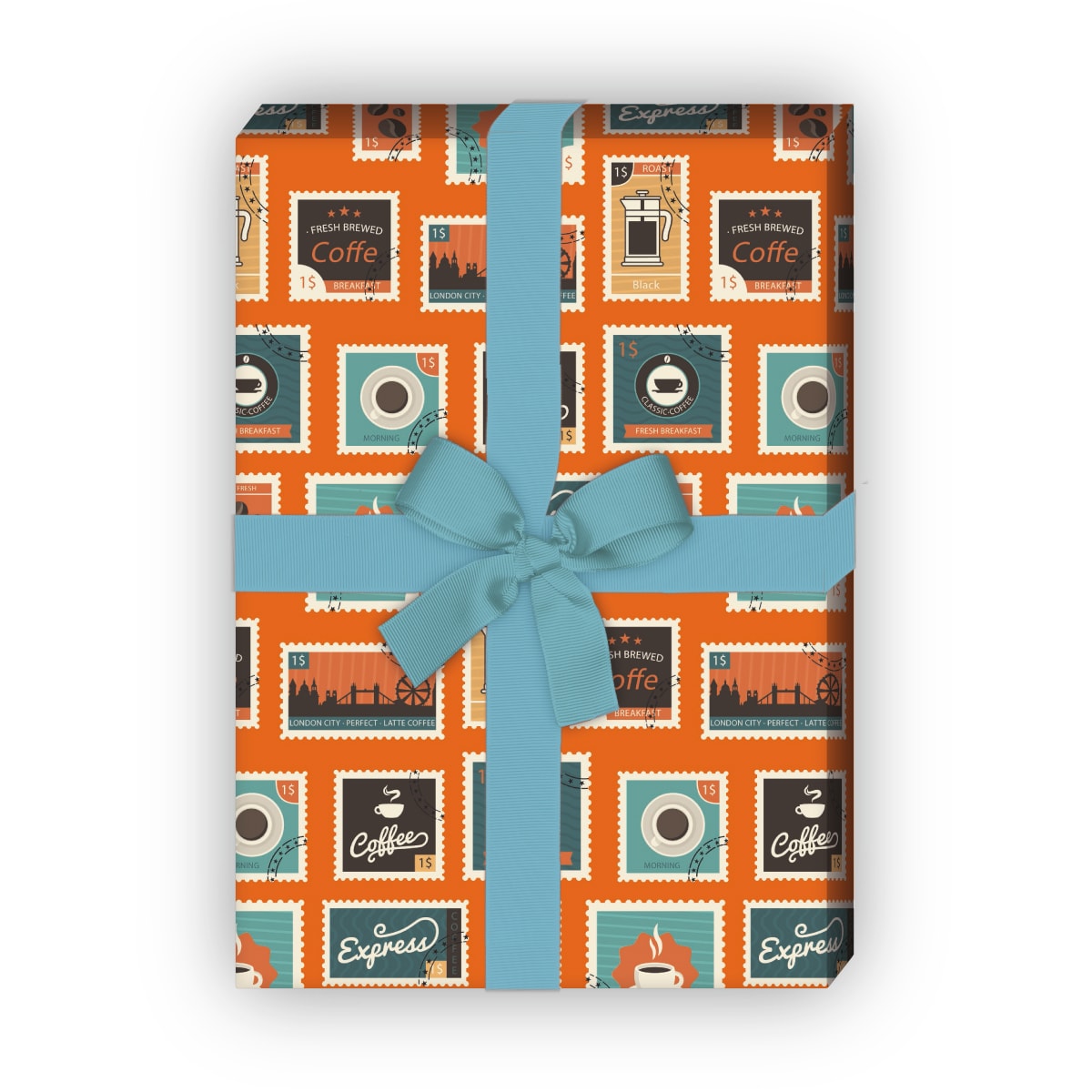 Kartenkaufrausch: Retro Briefmarken Geschenkpapier in aus unserer Designer Papeterie in orange