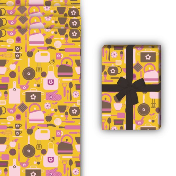 Designer Geschenkverpackung: Retro Küchen Geschenkpapier mit von Kartenkaufrausch in gelb