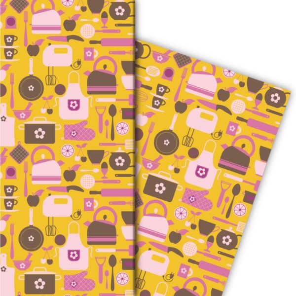 Kartenkaufrausch: Retro Küchen Geschenkpapier mit aus unserer Designer Papeterie in gelb