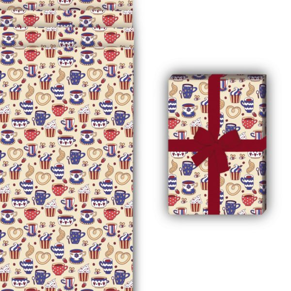 Designer Geschenkverpackung: Kaffeepausen Geschenkpapier mit Tassen von Kartenkaufrausch in rot