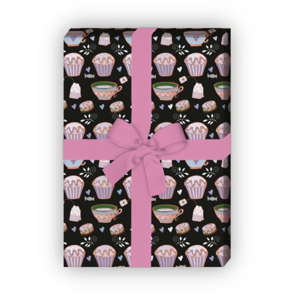 Kartenkaufrausch: Muffin Geschenkpapier mit Tee aus unserer Designer Papeterie in schwarz