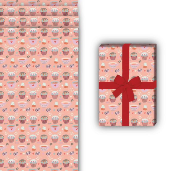 Designer Geschenkverpackung: Muffin Geschenkpapier mit Tee von Kartenkaufrausch in rosa